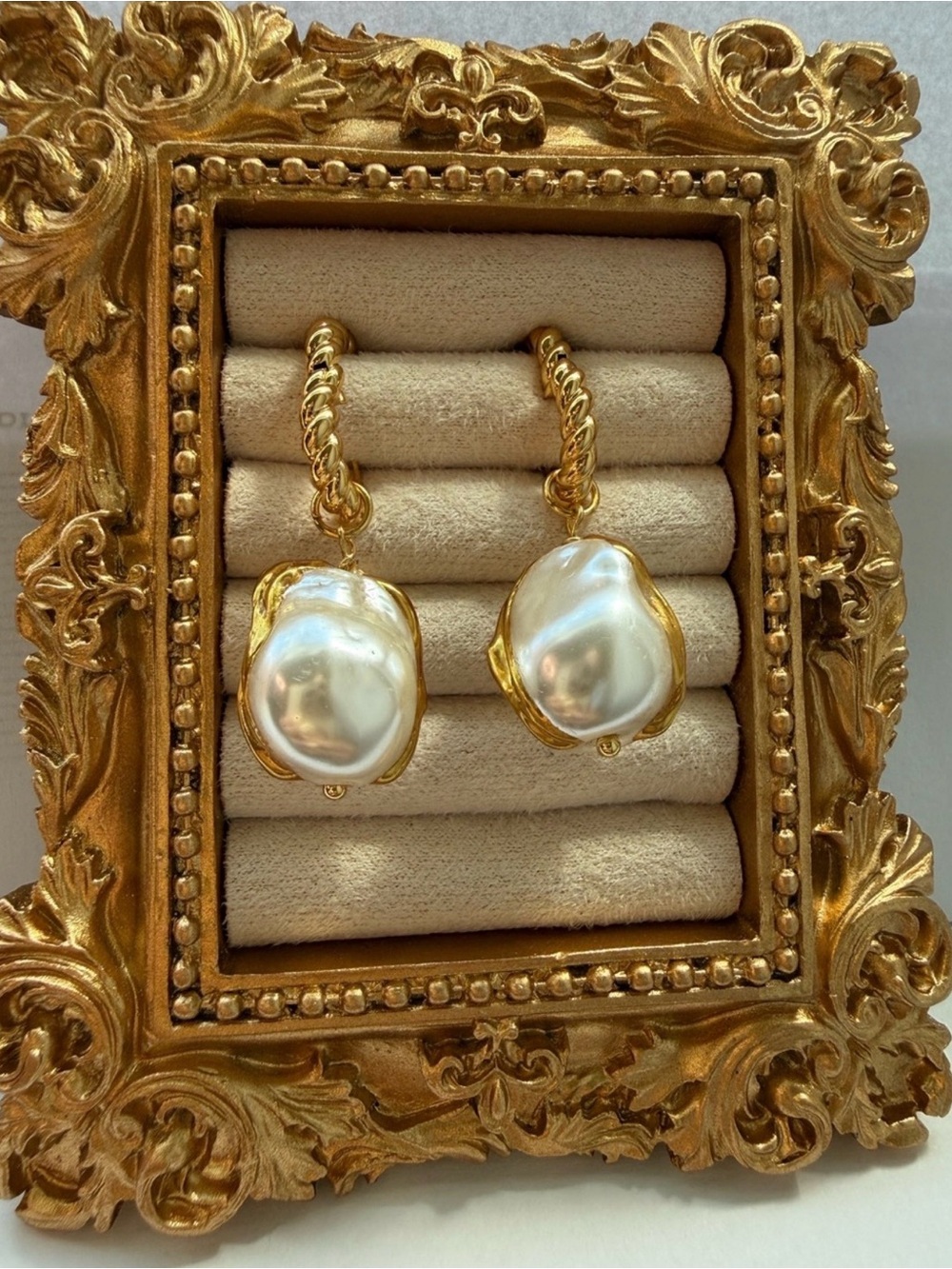 Anthropologie Gold Twist Hoop Earrings with White Baroque Pearls